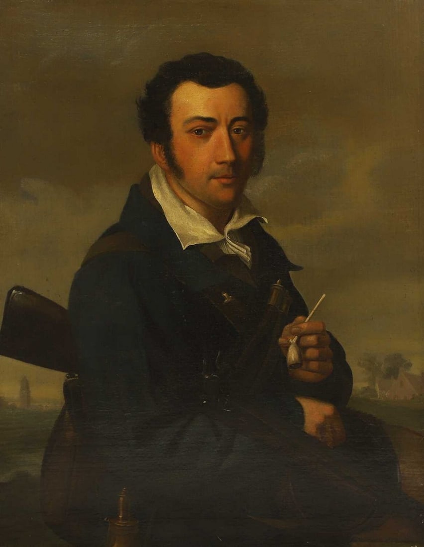 French School, early 19th century Portrait of a hunter, half-length, holding a clay pipe and hat,: French School, early 19th century Portrait of a hunter, half-length, holding a clay pipe and hat, his gun over his right arm oil on canvas (82 x 64cm; framed 97 x 78.5cm) Condition Report: Relined. Cr