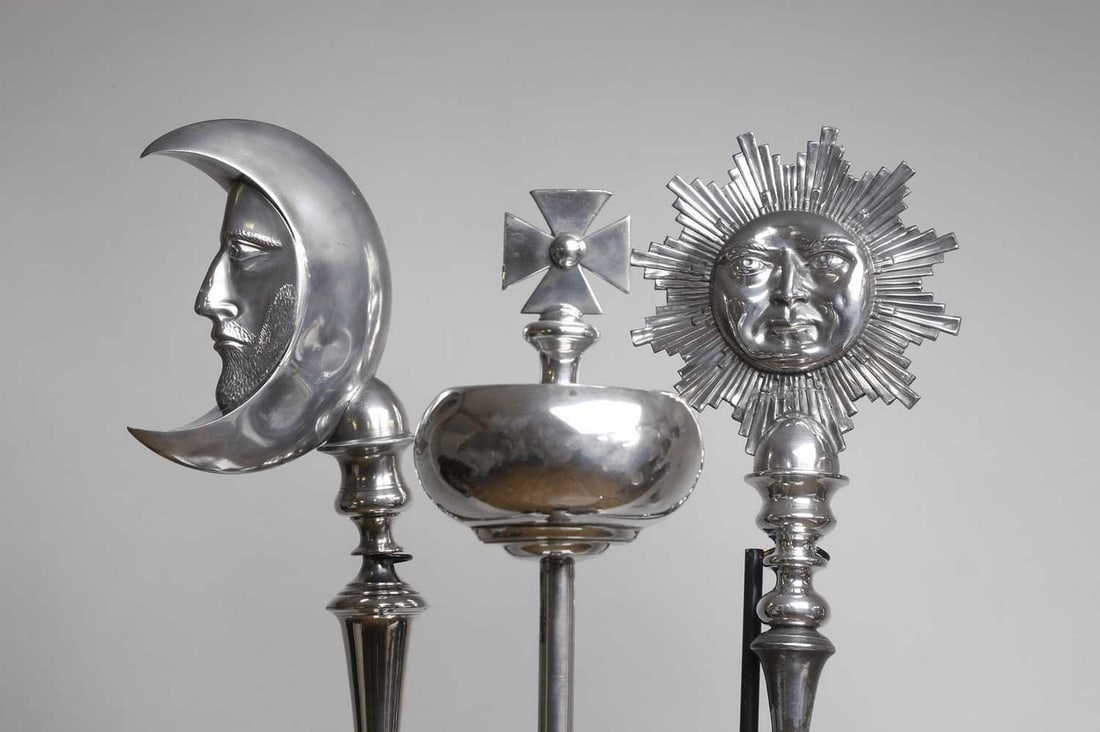 A group of three silvered-pewter masonic staves or sceptres, early 20th century, French, (1 of 5)
