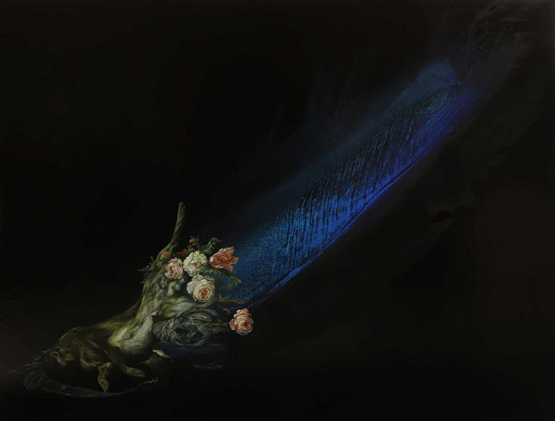 ▲ Emma Bennett (b.1974) 'The Blue Strap': ▲ Emma Bennett (b.1974) 'The Blue Strap' signed 'E. Bennett', inscribed with title and dated '2008' verso, oil on canvas (130 x 170cm, unframed) Condition Report: A layer of varnish has been app