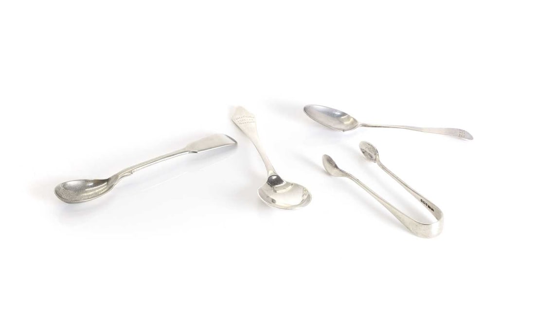 A collection of silver flatware,: A collection of silver flatware, To include a dognose teaspoon, by Birch & Gaydon, London, inscribed 'ESSEX HOUNDS 1913-14 "CONCOUSE"', another silver spoon, intialled 'H.R' to the handle, and a