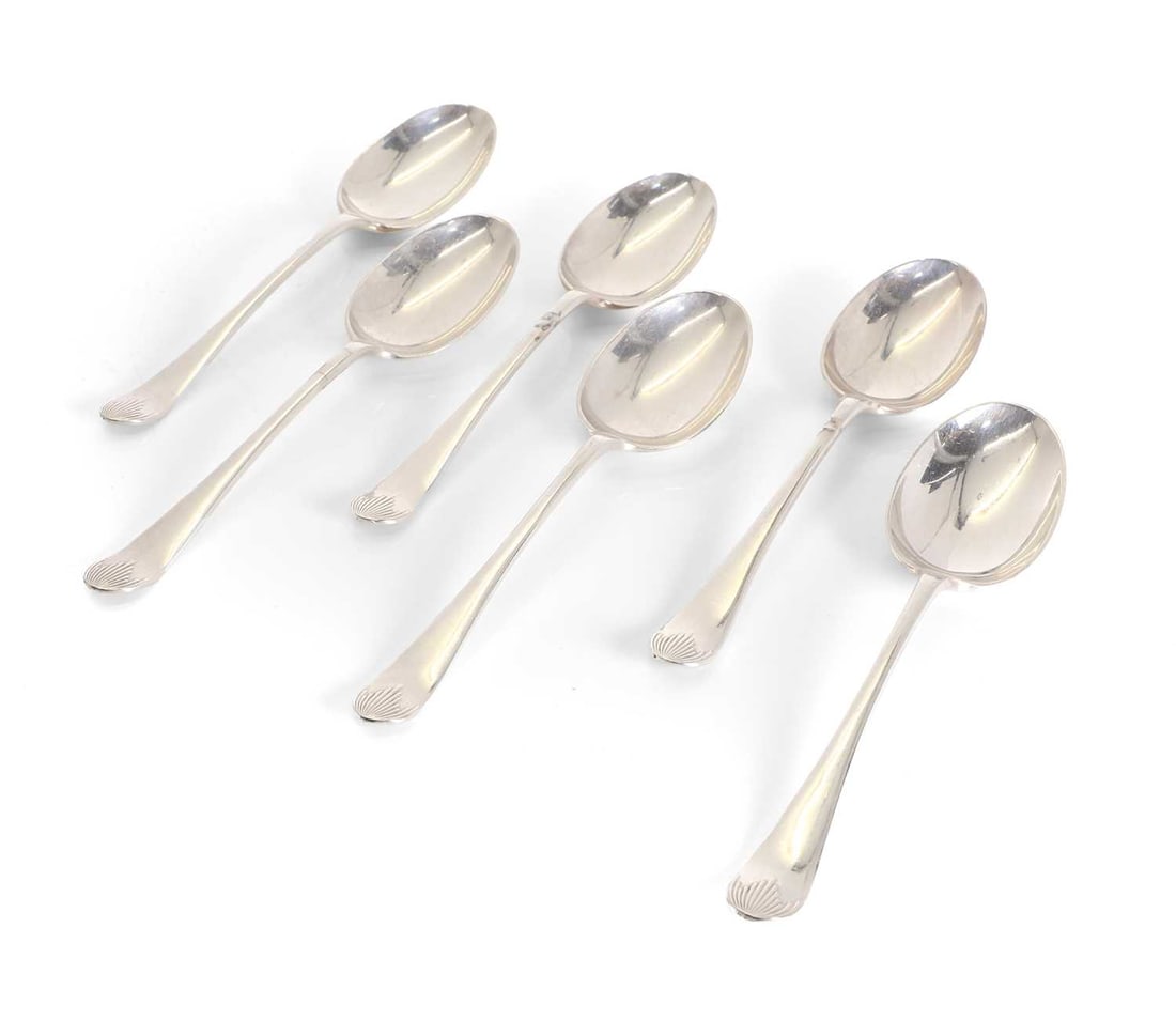 A set of six of silver dessert spoons: A set of six of silver dessert spoons Sheffield, 1936, with reeded design to the top surface 18cm long, 10.2ozt6