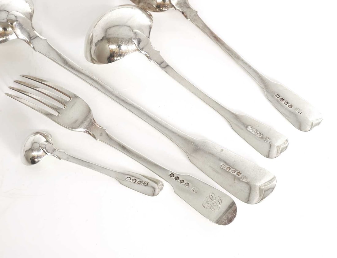 Twelve silver fiddle pattern table spoons and twelve fiddle pattern table forks by William Eley, Wil - 2