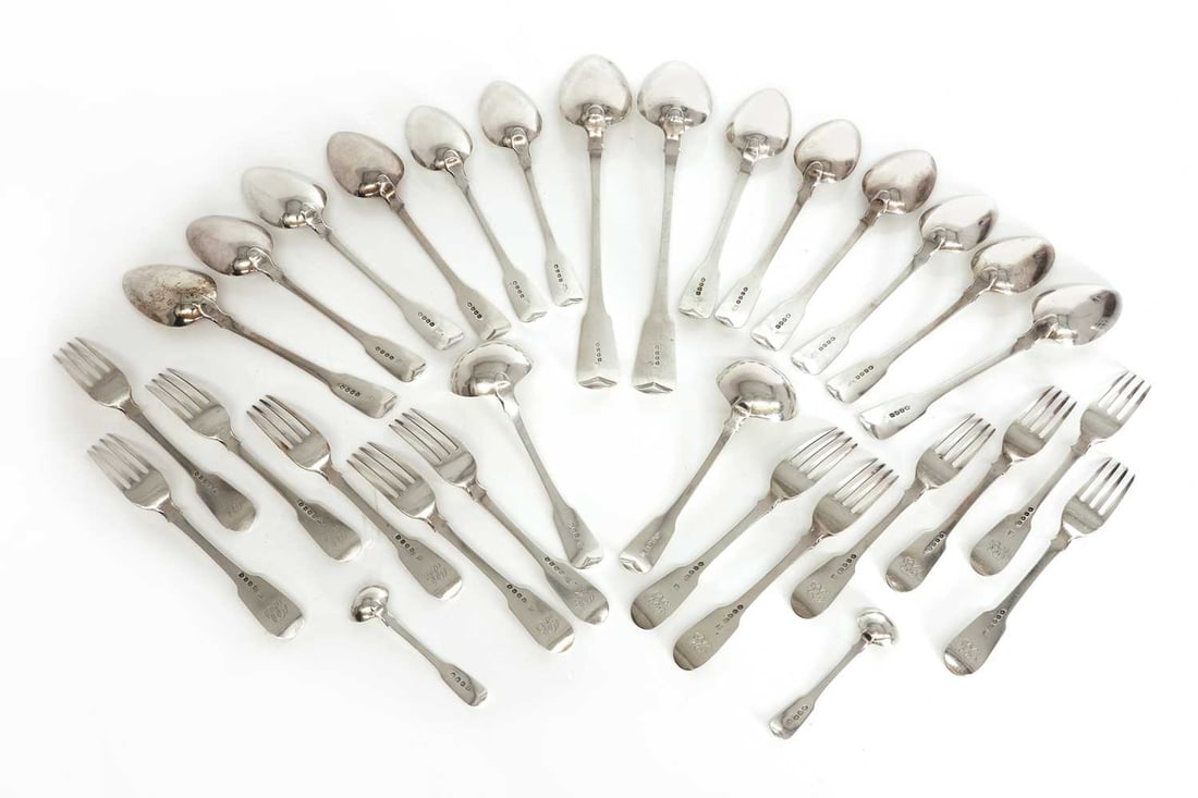 Twelve silver fiddle pattern table spoons and twelve fiddle pattern table forks by William Eley, Wil - 3