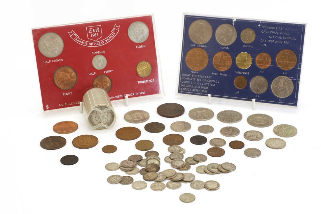 Coins, Great Britain & World,: Coins, Great Britain & World, a selection of coins including pre-1947 silver Halfcrowns and Threepences, approx. 400g, two cased year sets etc.