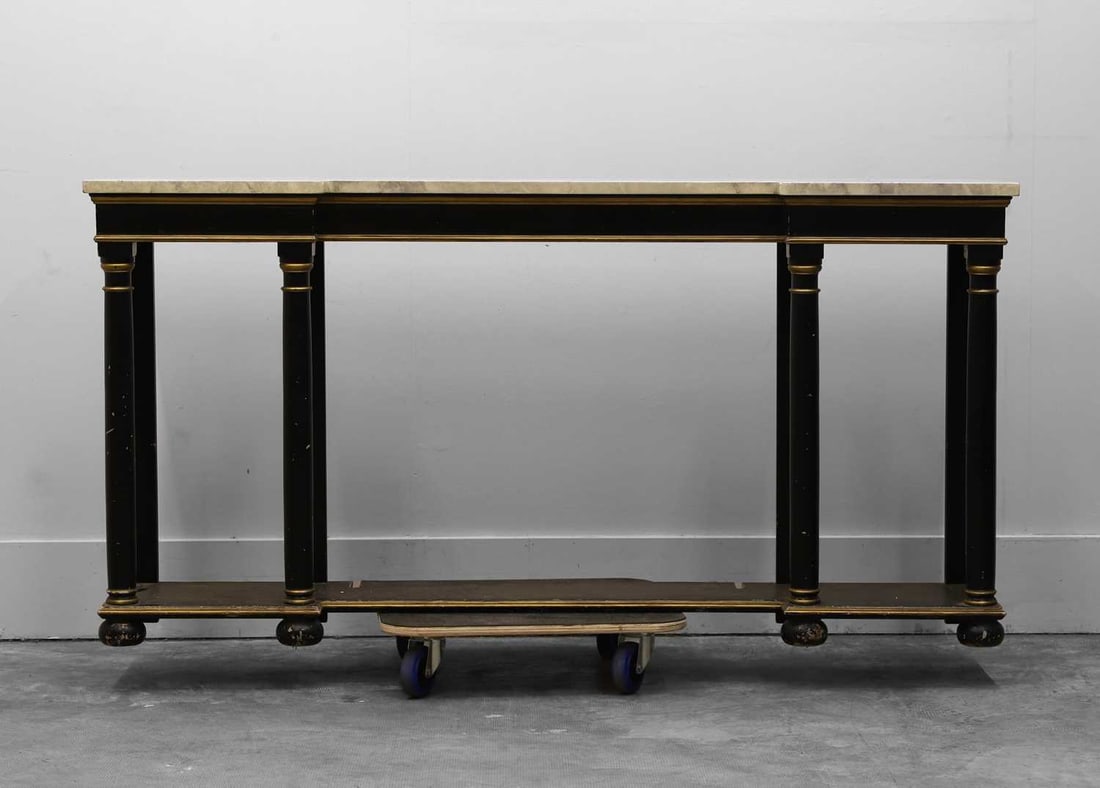 A Faux marble console table, 20th century: A Faux marble console table, 20th century The wooden frame painted black with a faux marble top 179cm wide, 35.5cm deep, 84cm highCondition Report: Scratches, staining and marks to the surface.Chippi