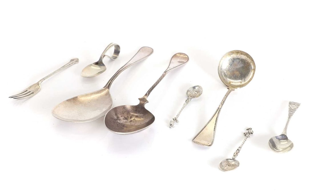 A collection of silver spoons, various dates, English and Dutch,: A collection of silver spoons, various dates, English and Dutch, two Dutch silver spoons and a ladle, a set of ten silver teaspoons, London, 1908, a matched child's feeding set, and further spoons 17