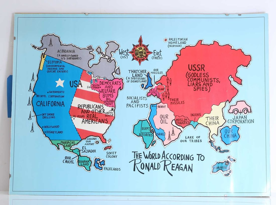 The World According to Ronald Reagan, Mid 1980s,: The World According to Ronald Reagan, Mid 1980s, Satirical printed map, in colour, produced by the World Peace Council 50 x 71cm