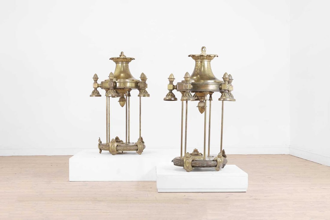 A pair of large Louis XVI-style gilt-brass lanterns, Late 19th/early 20th century,: A pair of large Louis XVI-style gilt-brass lanterns, Late 19th/early 20th century, each with four lights and foliate-cast decoration 69cm diameter, 100cm high2