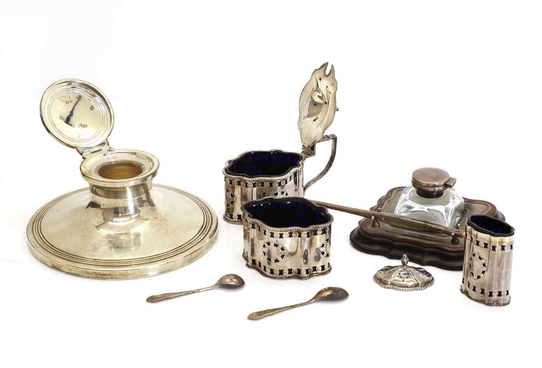 A three-piece silver condiment set, - 2