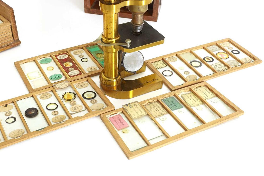 A lacquered brass monocular microscope, with two boxes of slides, Circa 1900, by Carl Zeiss, - 2