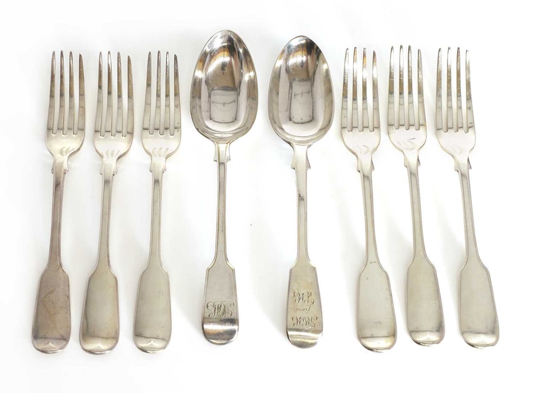 Six silver fiddle pattern dessert spoons, by John James Whiting, London 1849, (1 of 3)