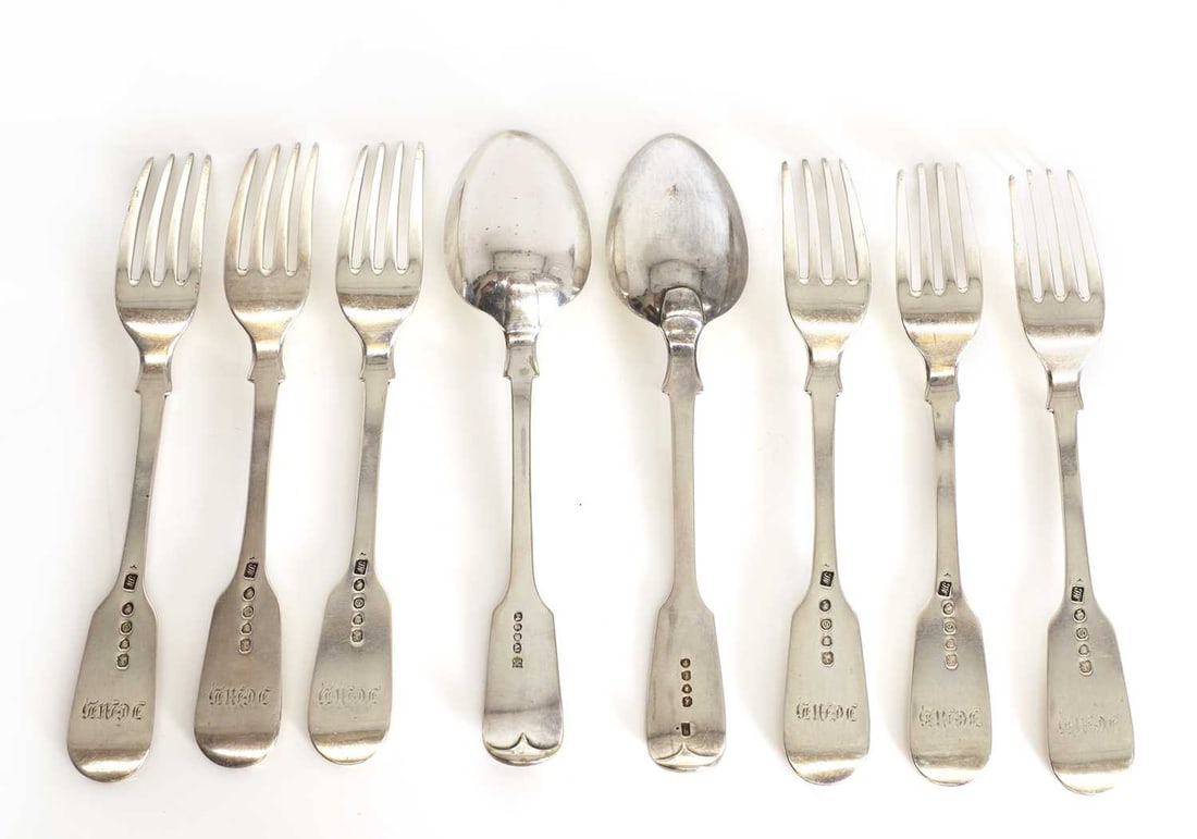 Six silver fiddle pattern dessert spoons, by John James Whiting, London 1849, - 2