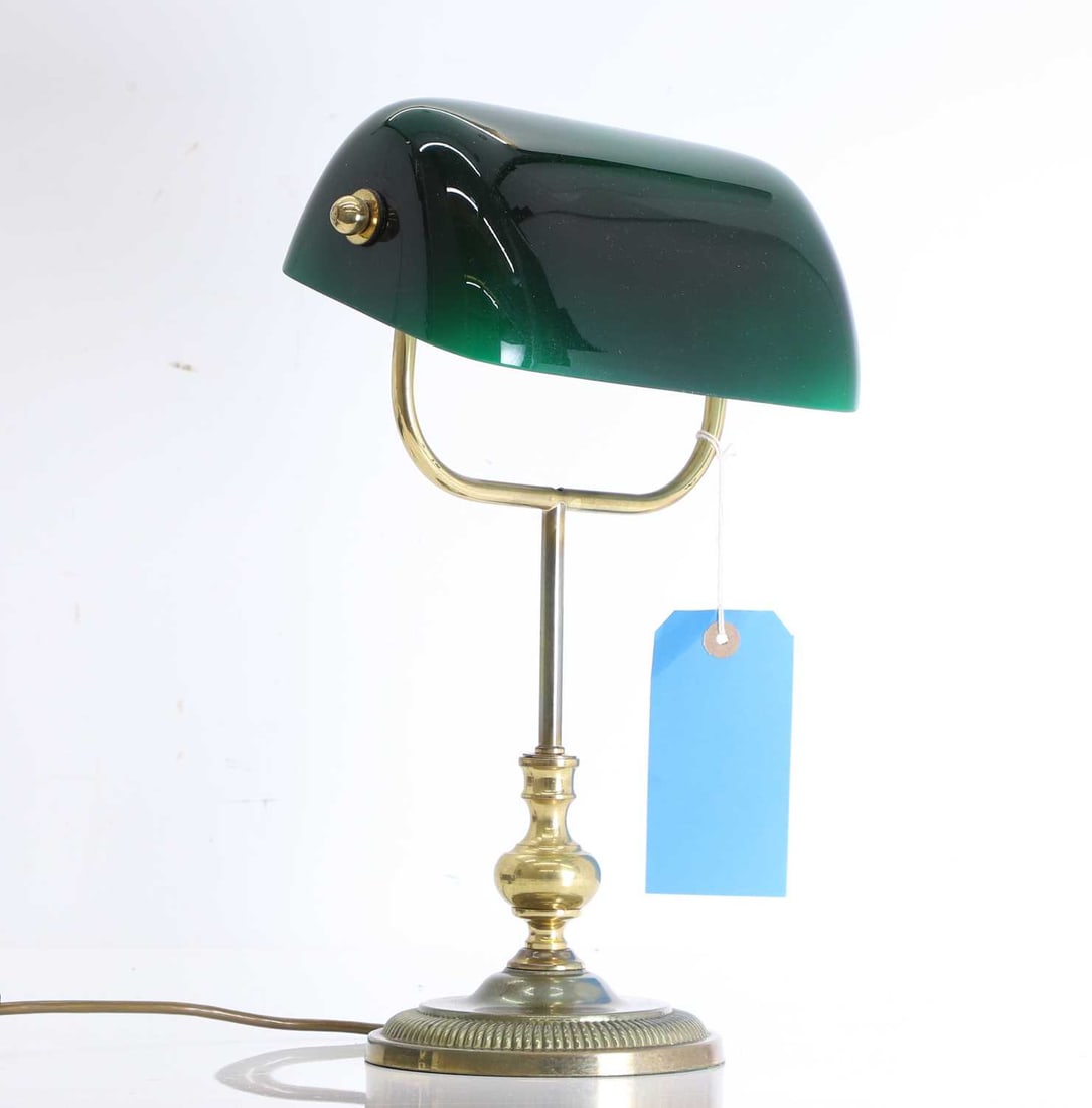 A brass and cased green glass desk lamp, 20th century, (1 of 1)
