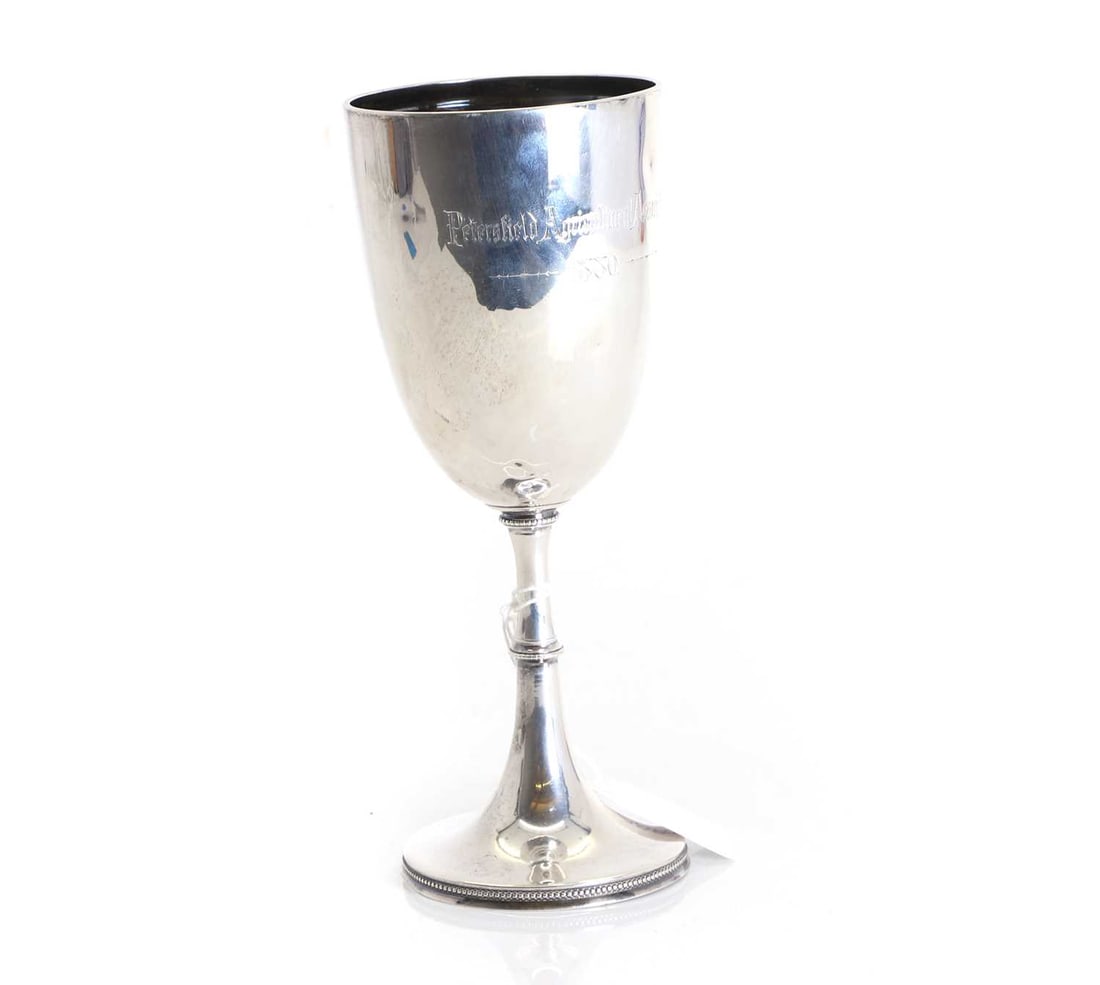 A silver goblet,: A silver goblet, Sheffield, 1877, with inscription to the front 'Petersfield Agricultural Association 1880' 20.3cm high, 5.54 ozt