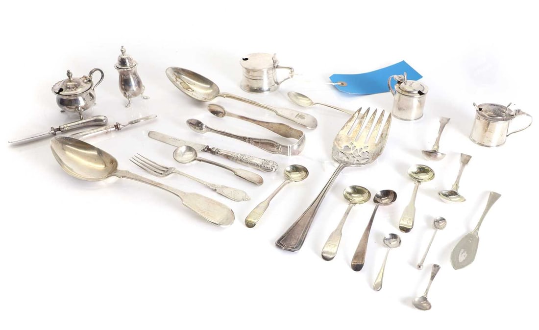 A collection of silver flatware,: A collection of silver flatware, To include a serving spoon, London, 1844, a set of sugar tongs, by Chawner & Co (George William Adams), London, a pair of salts with spoons, and blue glass