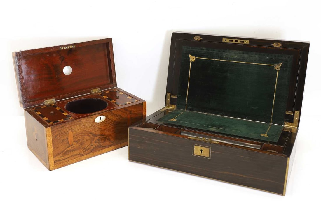 A Victorian Coromandel writing slope and mahogany tea caddy (1 of 4)