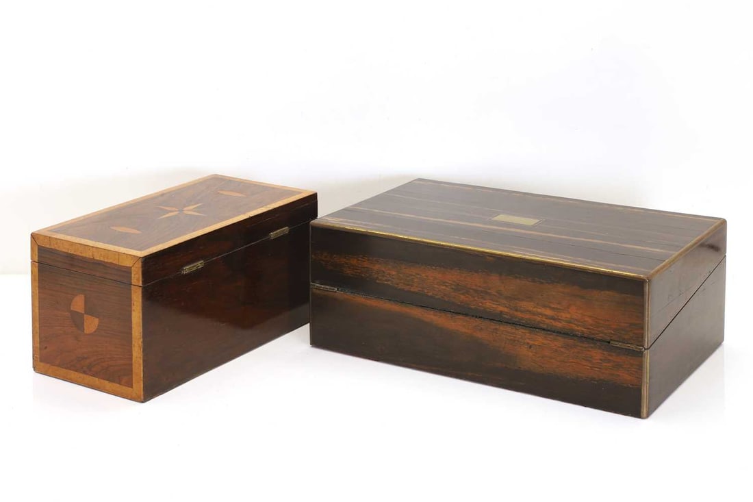 A Victorian Coromandel writing slope and mahogany tea caddy - 2