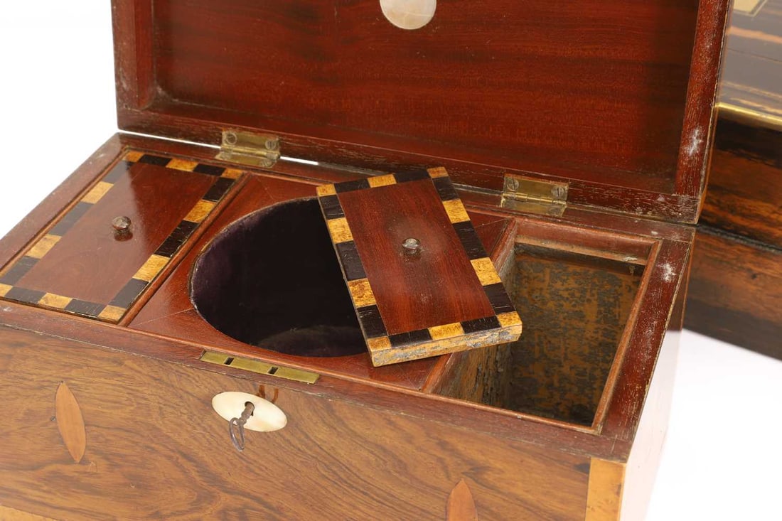 A Victorian Coromandel writing slope and mahogany tea caddy - 3