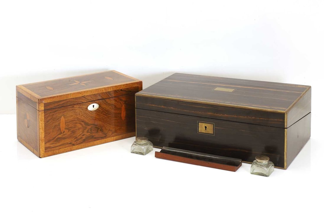 A Victorian Coromandel writing slope and mahogany tea caddy - 4