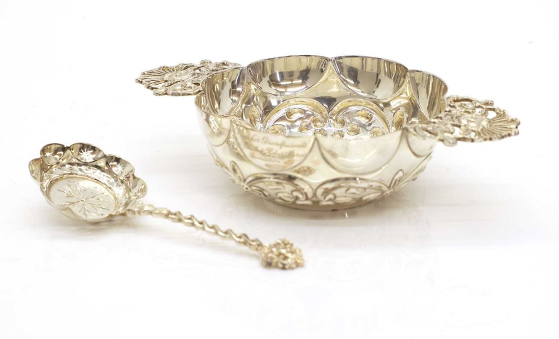 A silver twin handled sugar bowl, and spoon, - 2