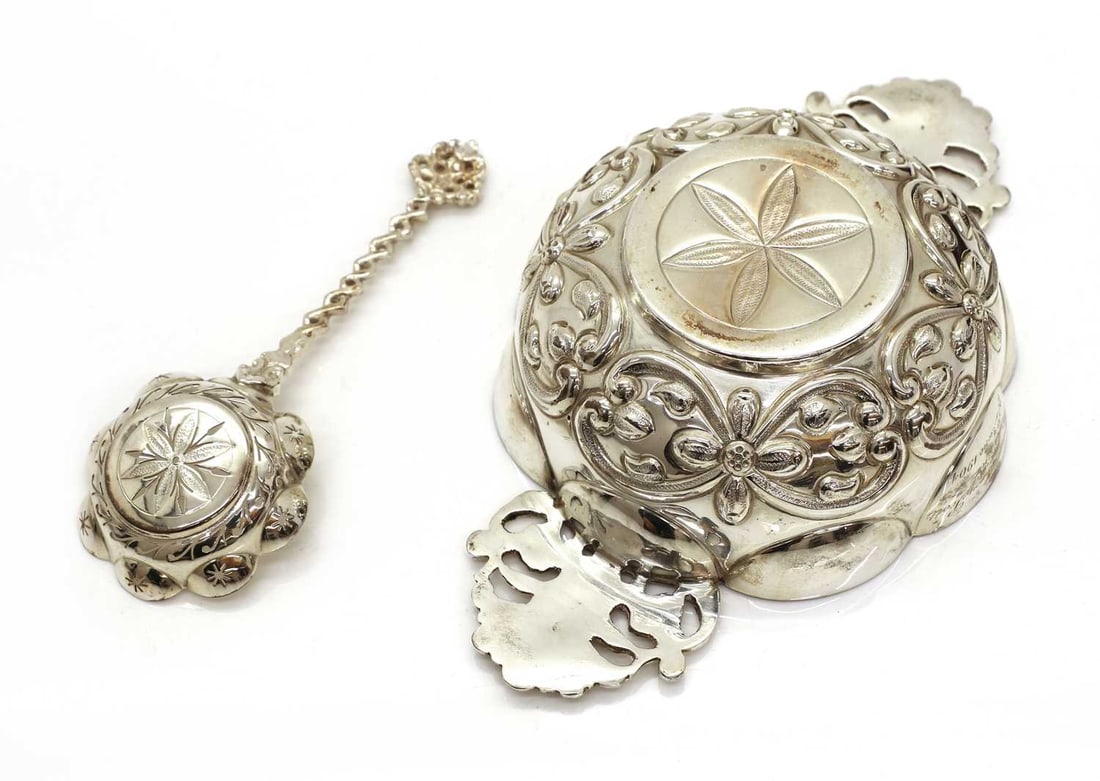 A silver twin handled sugar bowl, and spoon, - 3