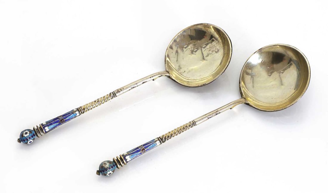 A pair of Russian cloisonné and silver spoons, 84 standard, maker EH? (1 of 2)