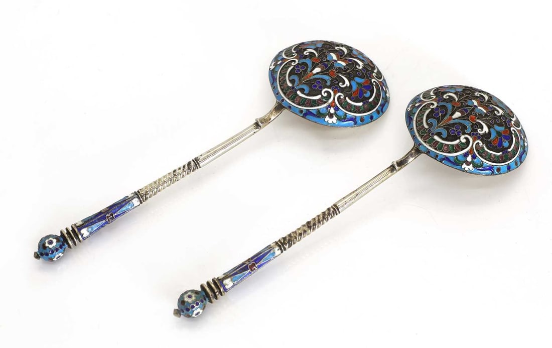 A pair of Russian cloisonné and silver spoons, 84 standard, maker EH? - 2