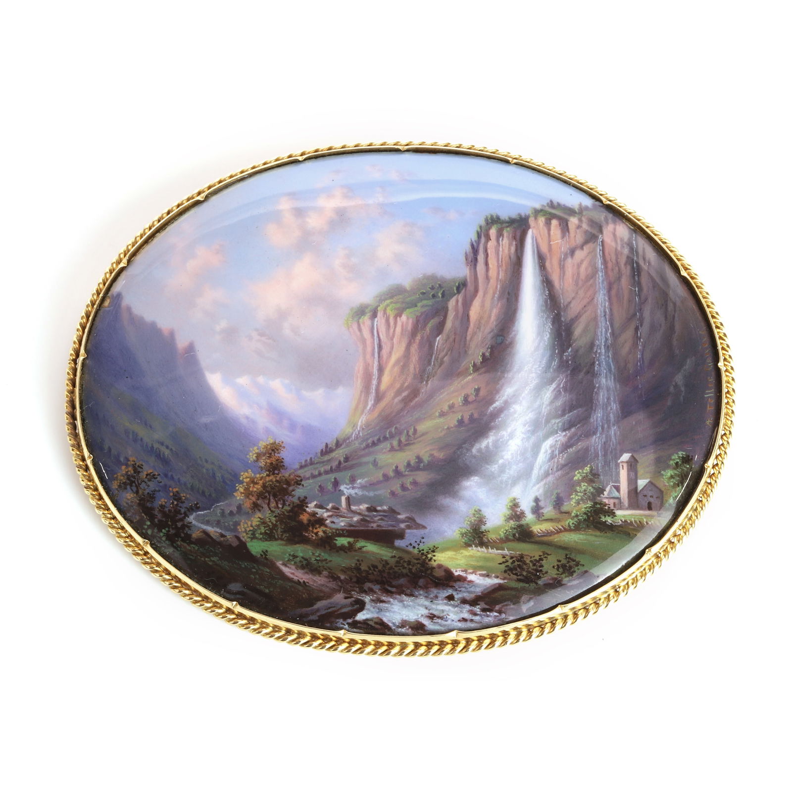 A Swiss landscape scene brooch, (1 of 2)