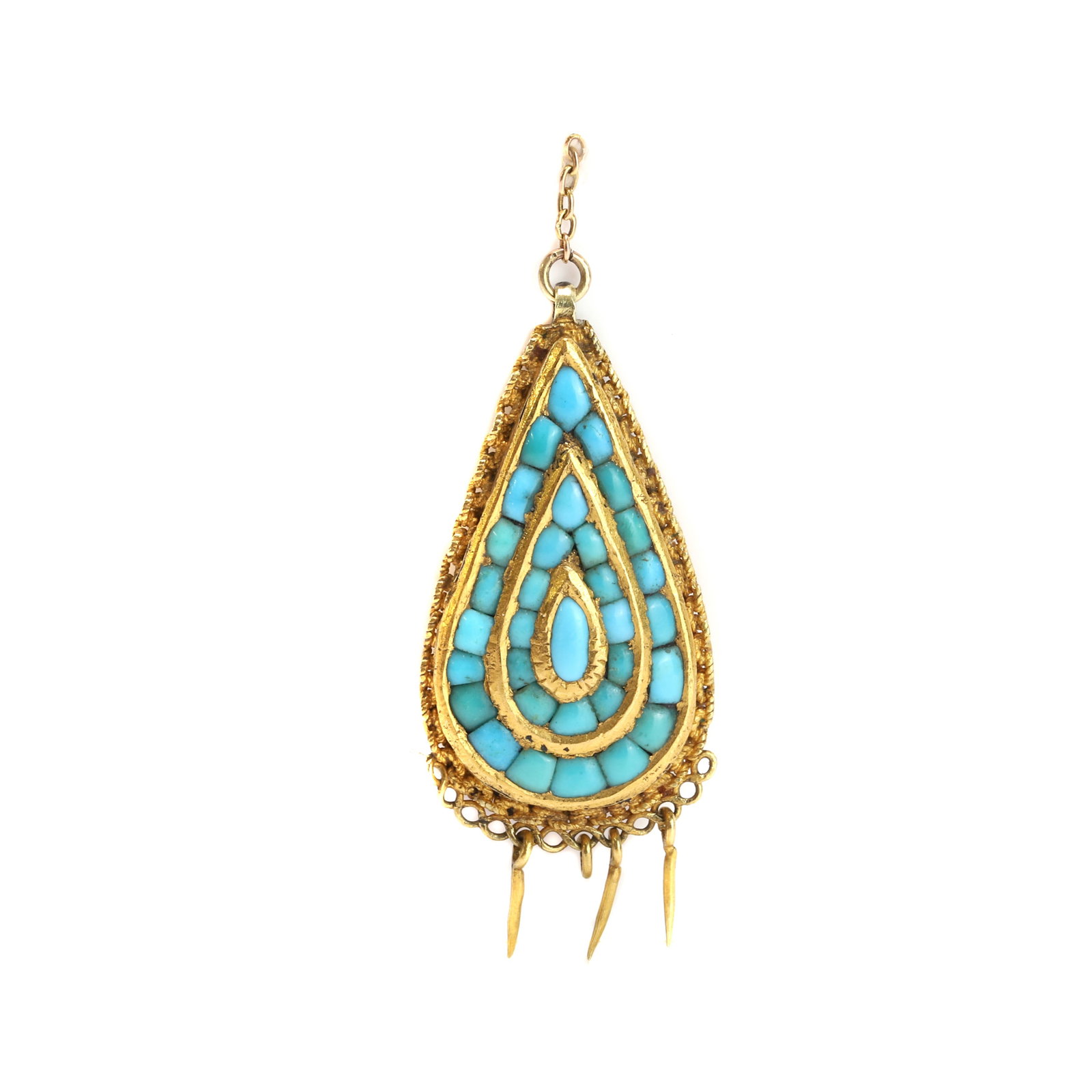 An antique turquoise set drop, circa 1840,: An antique turquoise set drop, circa 1840, of teardrop form, set with cabochon turquoise within a milled wire border, with tassel drops below, lacking some tassels, tested as approximately 14-15ct gol