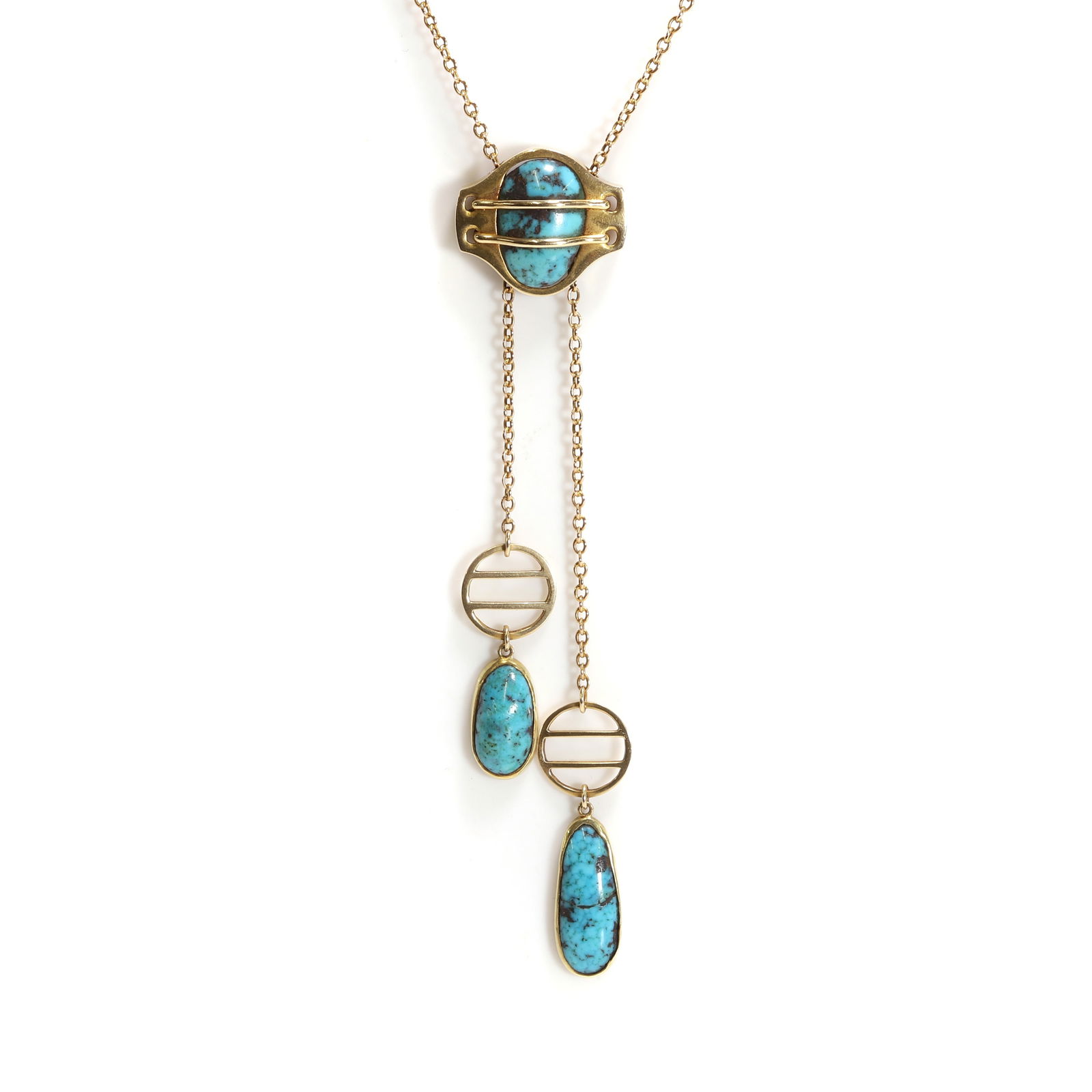 Murrle Bennett & Co., an Arts and Crafts gold and turquoise négligée necklace,: Murrle Bennett & Co., an Arts and Crafts gold and turquoise négligée necklace, the ogee shaped plaque, with an ovoid turquoise cabochon set centrally by parallel wires, to ovoid turquoise ca