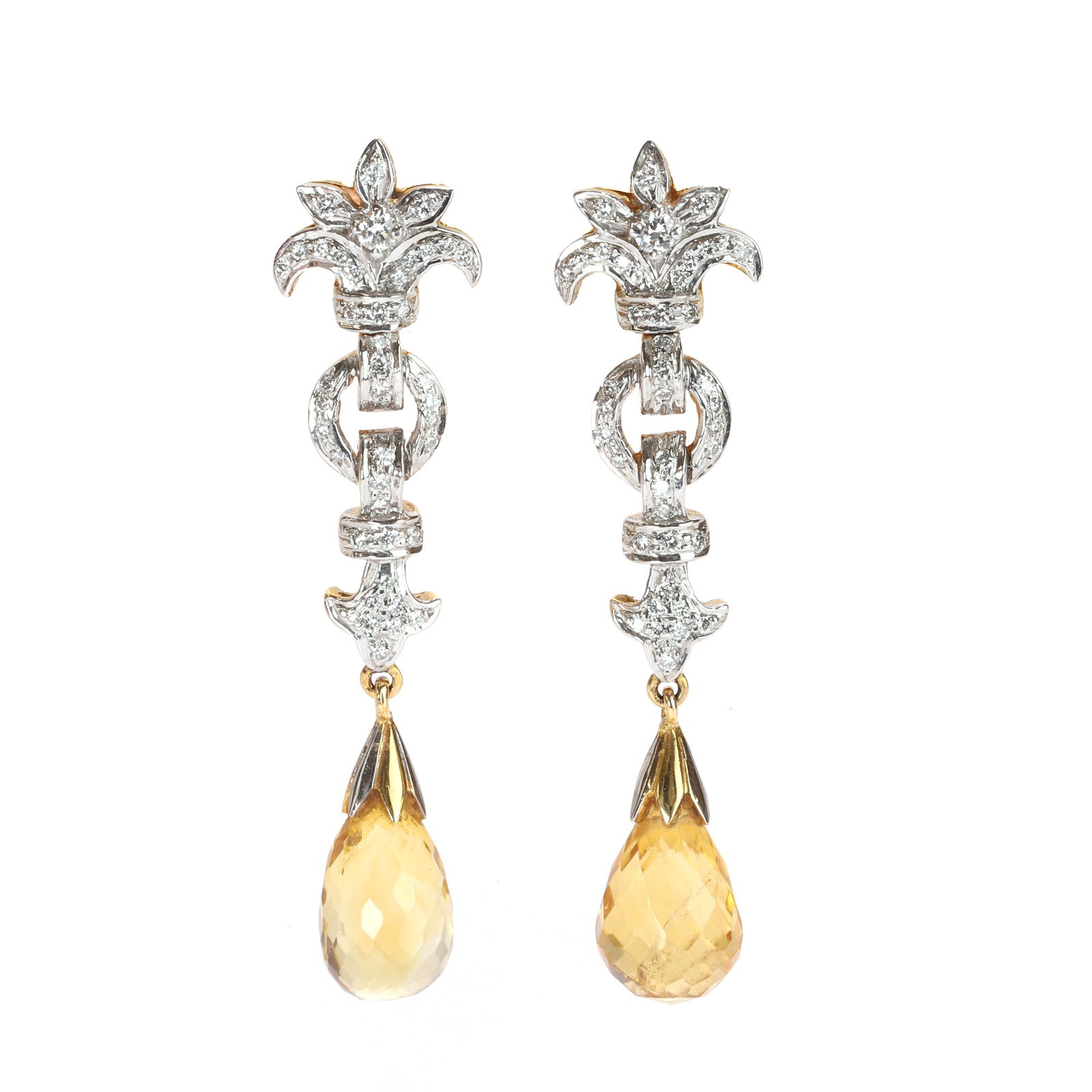 A pair of diamond and citrine drop stud earrings,: A pair of diamond and citrine drop stud earrings, each faced in white and set throughout with round brilliant cut diamonds, with a floral shaped mount to the top, into an articulated pierced link belo