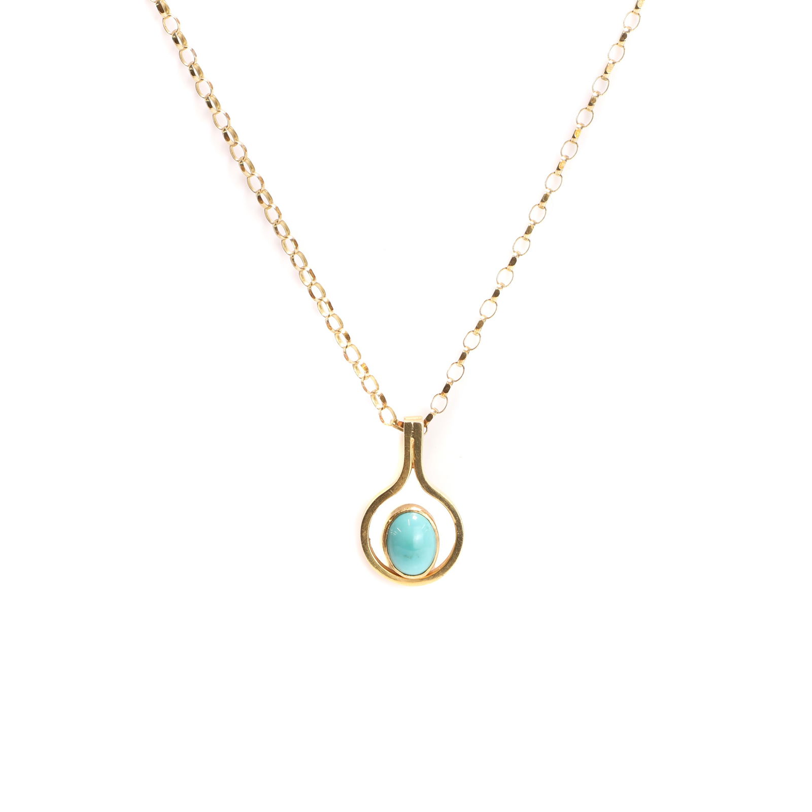 A turquoise set pendant and chain,: A turquoise set pendant and chain, with an oval turquoise cabochon, bezel set to an open wire mount, pendant unmarked, testing as 18ct gold, suspended by a 9ct gold cable link chain, Birmingham 1996