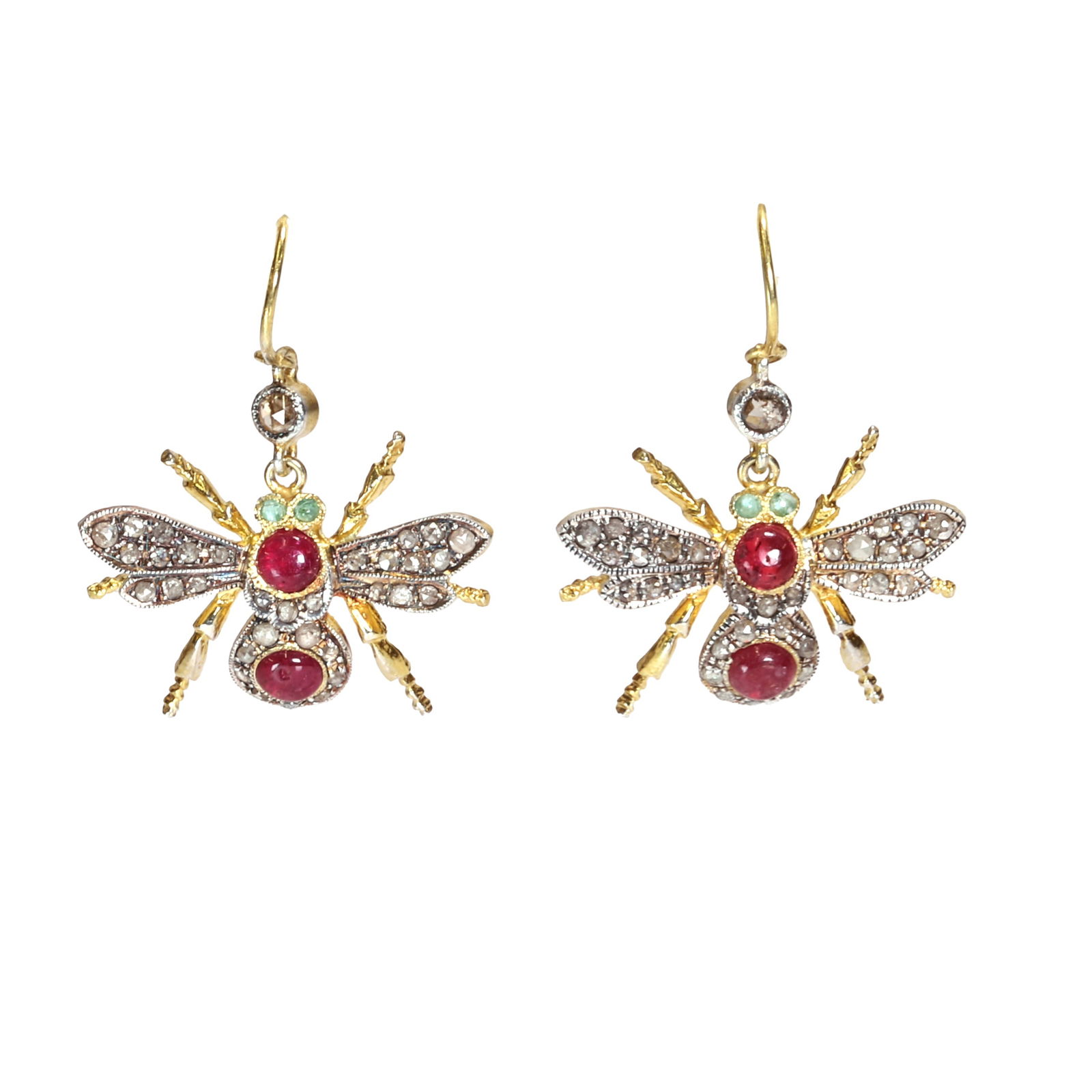 A pair of silver gilt ruby, emerald and diamond bee drop earrings,: A pair of silver gilt ruby, emerald and diamond bee drop earrings, each with round emerald cabochon eyes, to the body and wings set with ruby cabochons and rose cut diamonds in white, suspended and