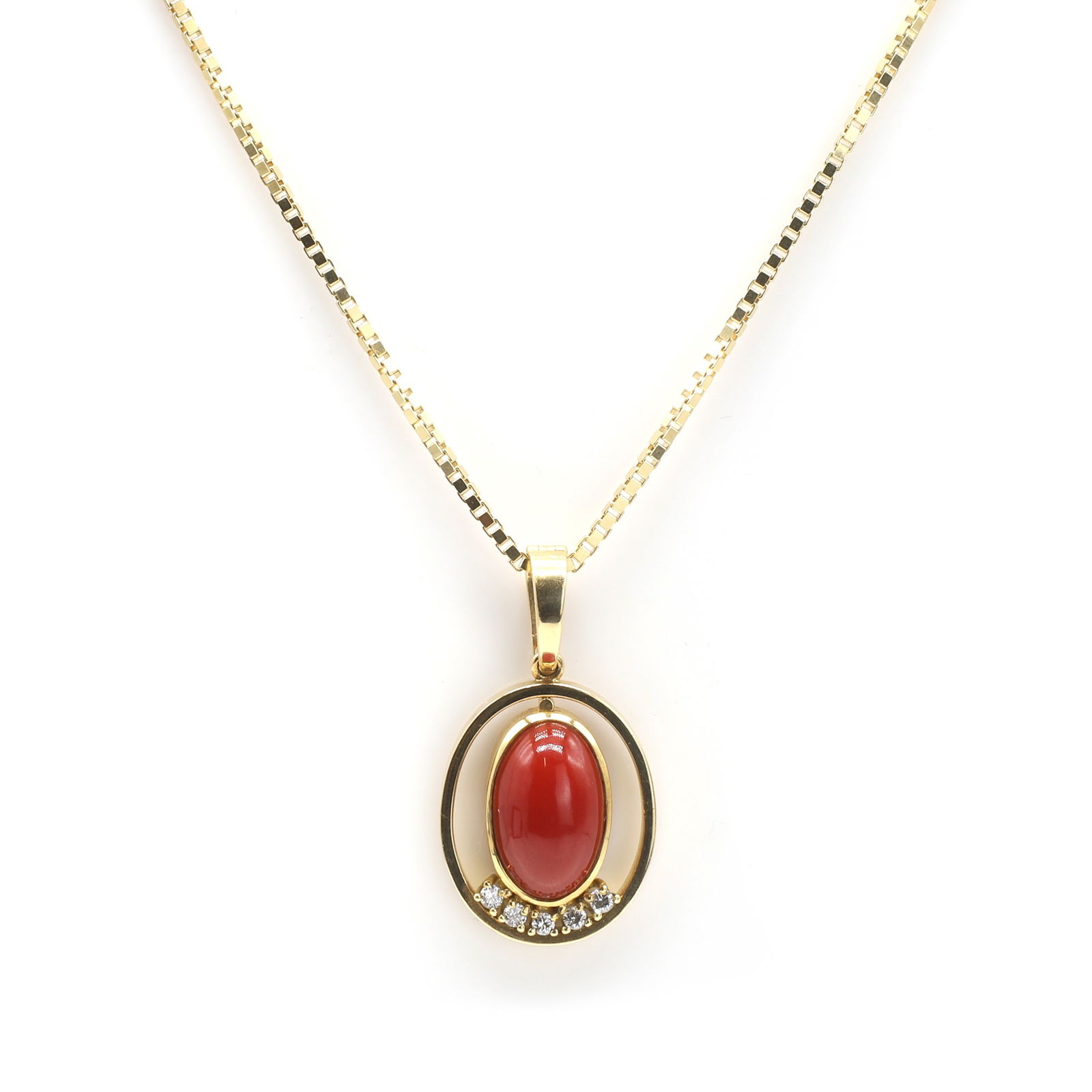 A red coral and diamond pendant and chain,: A red coral and diamond pendant and chain, the openwork pendant of oval outline, set with a cabochon red coral and five round brilliant diamond accents, to a clip-on bale suspended on a Venetian box l