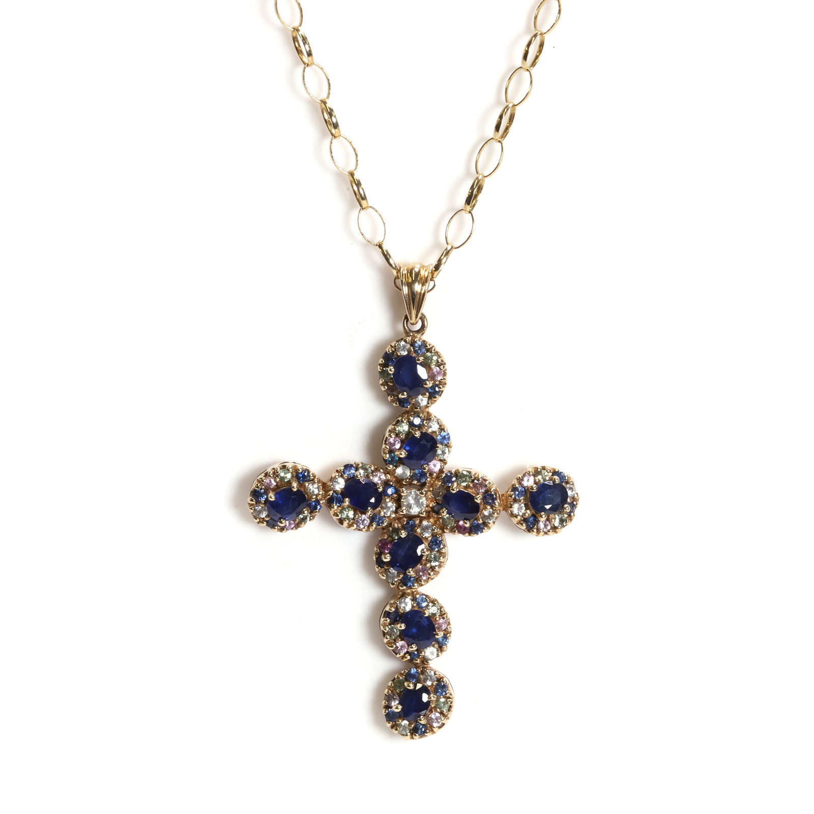 A 9ct gold sapphire cross pendant and chain, (1 of 2)