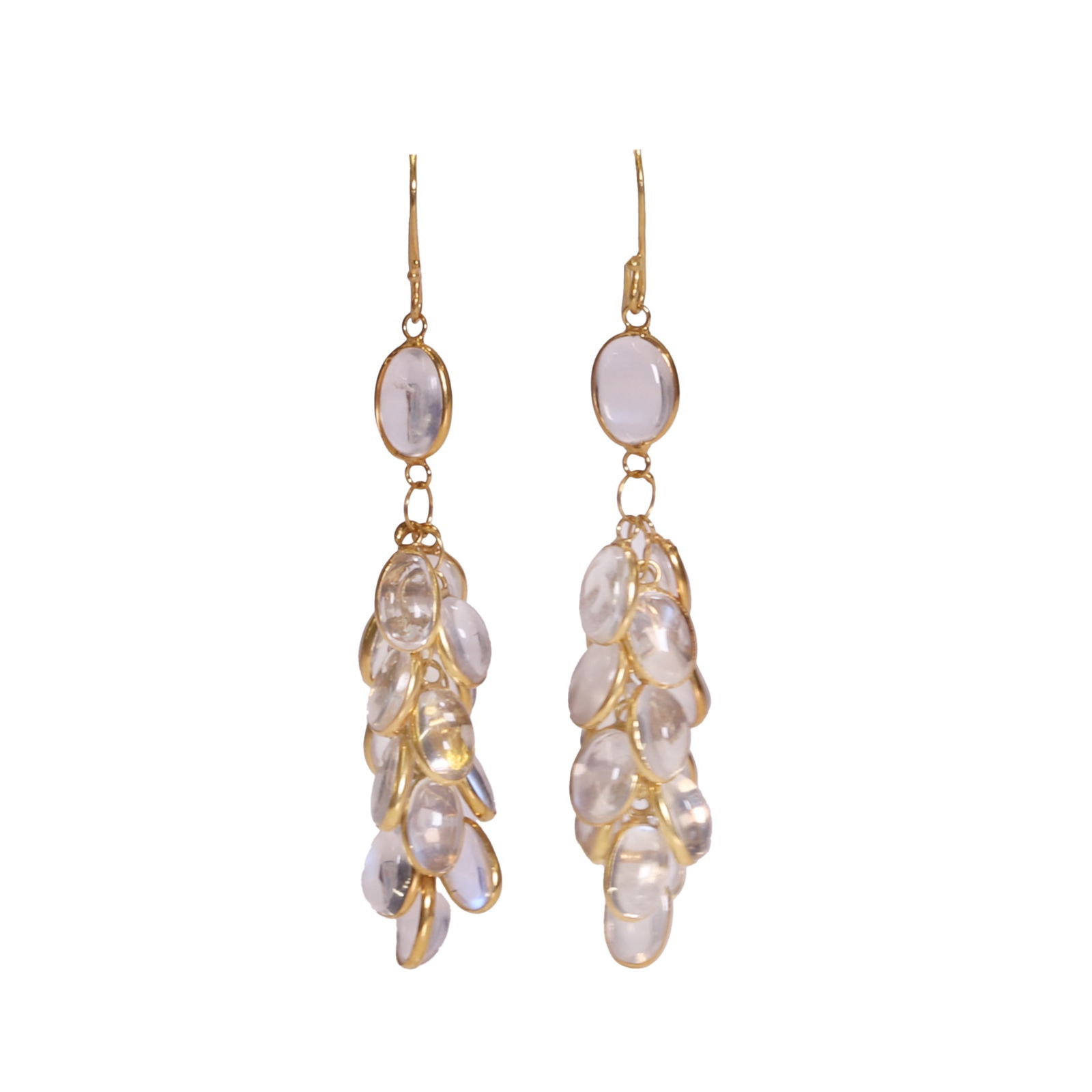 A pair of moonstone cluster drop earrings,: A pair of moonstone cluster drop earrings, each with oval cut moonstones, all spectacle set and suspended as a cluster, to an articulated single spectacle set oval moonstone cabochon, with hook wire f