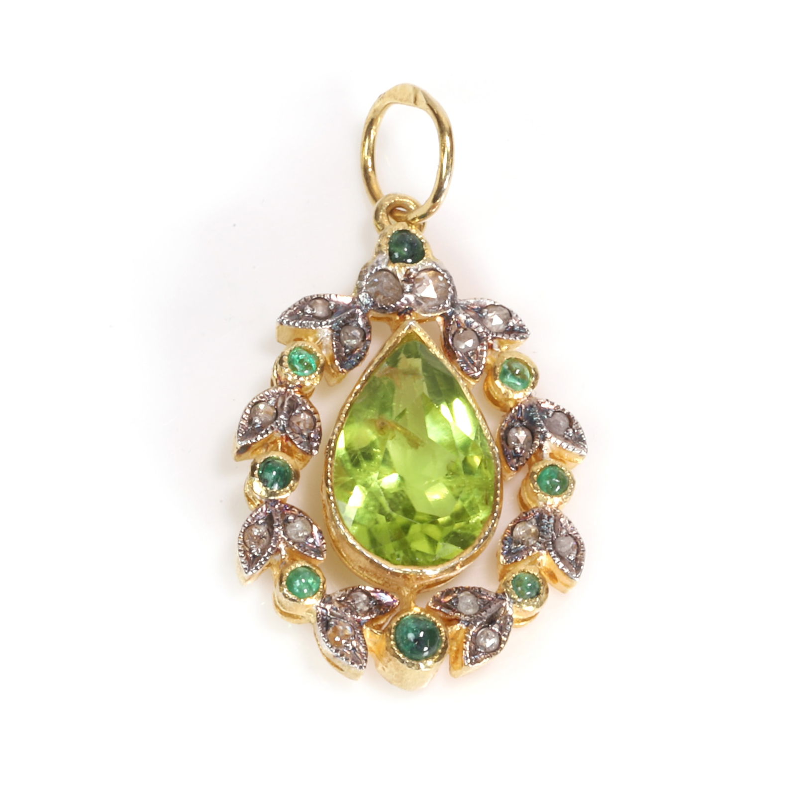 A silver gilt peridot, emerald and diamond pendant, (1 of 2)