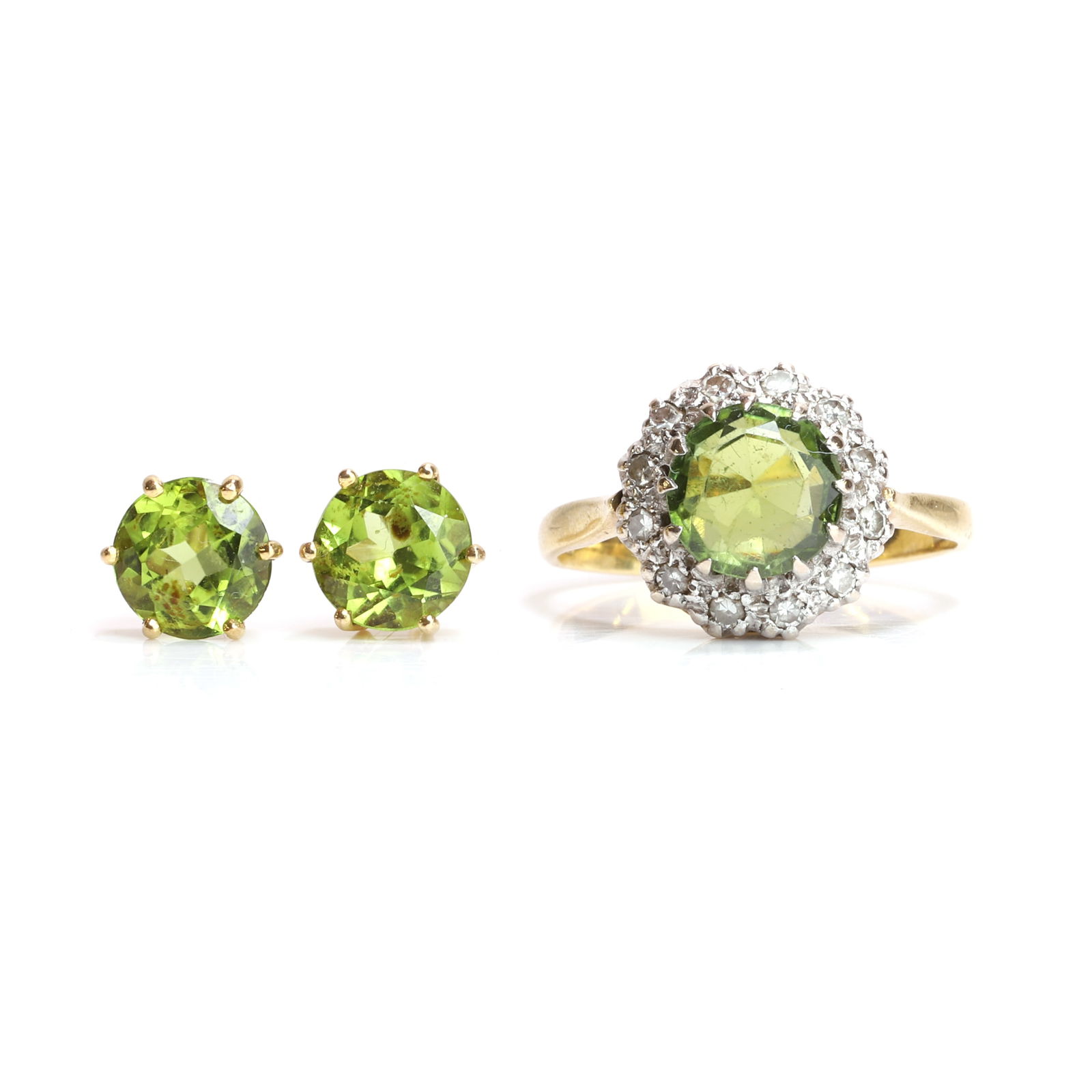An 18ct gold green tourmaline and diamond cluster ring and a pair of 9ct gold peridot stud earrings, (1 of 3)