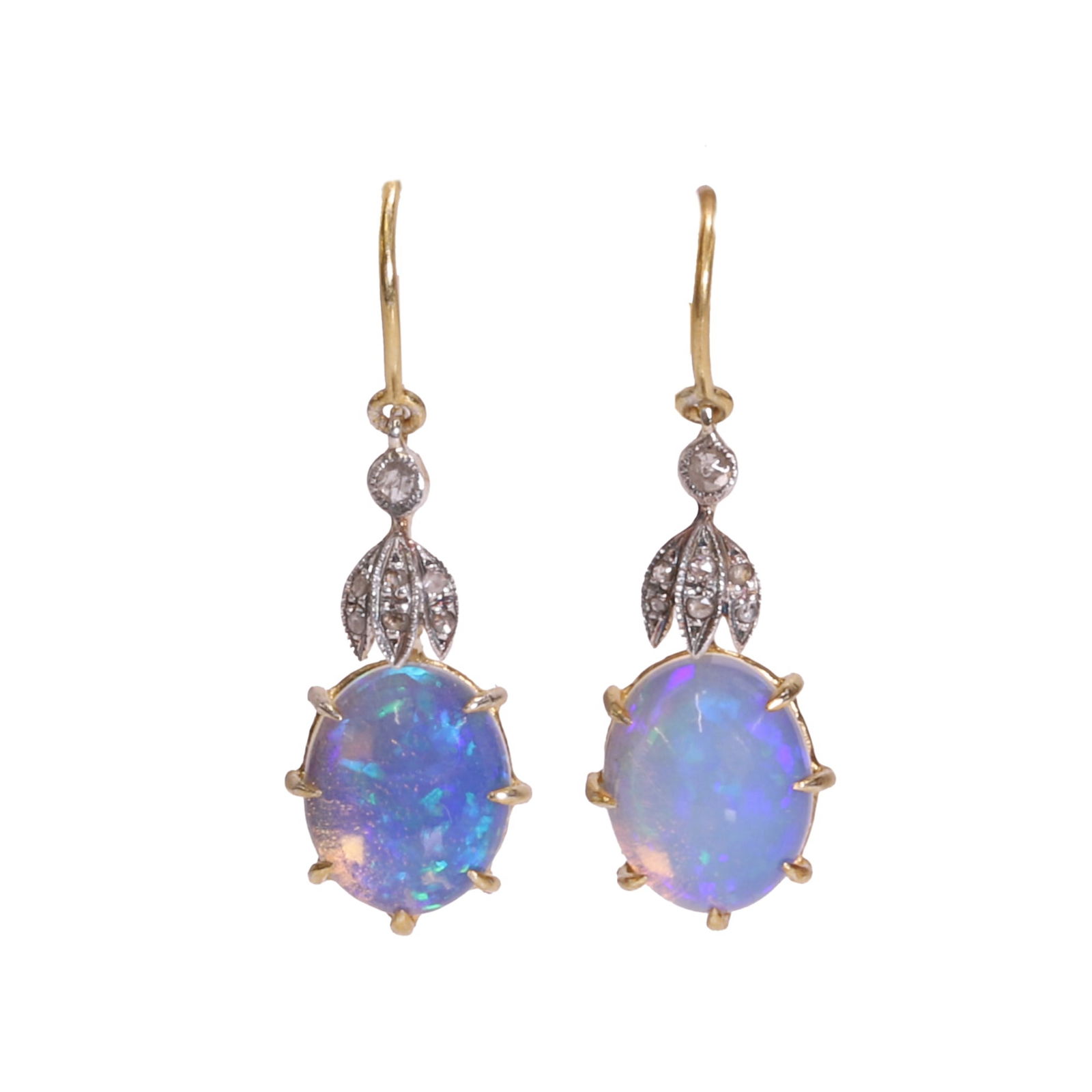 A pair of silver gilt opal and diamond drop earrings,: A pair of silver gilt opal and diamond drop earrings, each drop claw set with an oval opal cabochon, to a white foliate mount set with small rose cut diamonds, with hook wire fittings, opals with a to