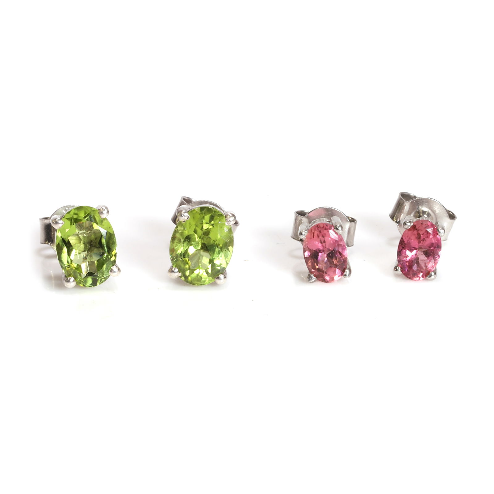 A pair of pink tourmaline stud earrings and a pair of peridot stud earrings, (1 of 1)