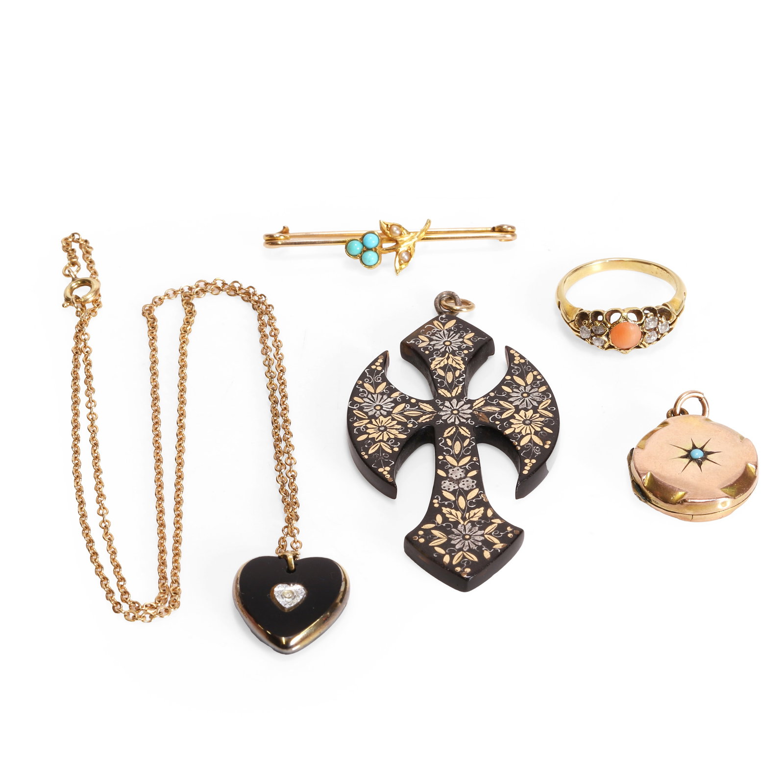 A small collection of antique jewellery,: A small collection of antique jewellery, comprising a late 19th century tortoise shell pique cross pendant, an Edwardian old cut diamond and pink coral ring, tested as approximately 14ct gold, a turqu
