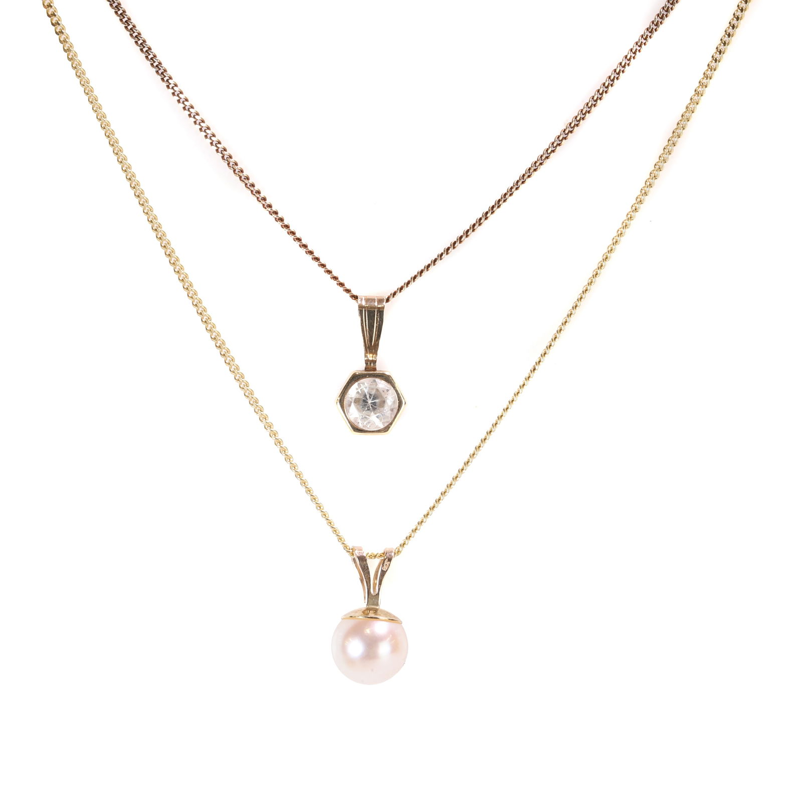 A 9ct gold cultured pearl pendant on chain and a 9ct gold cubic zirconia pendant, (1 of 2)