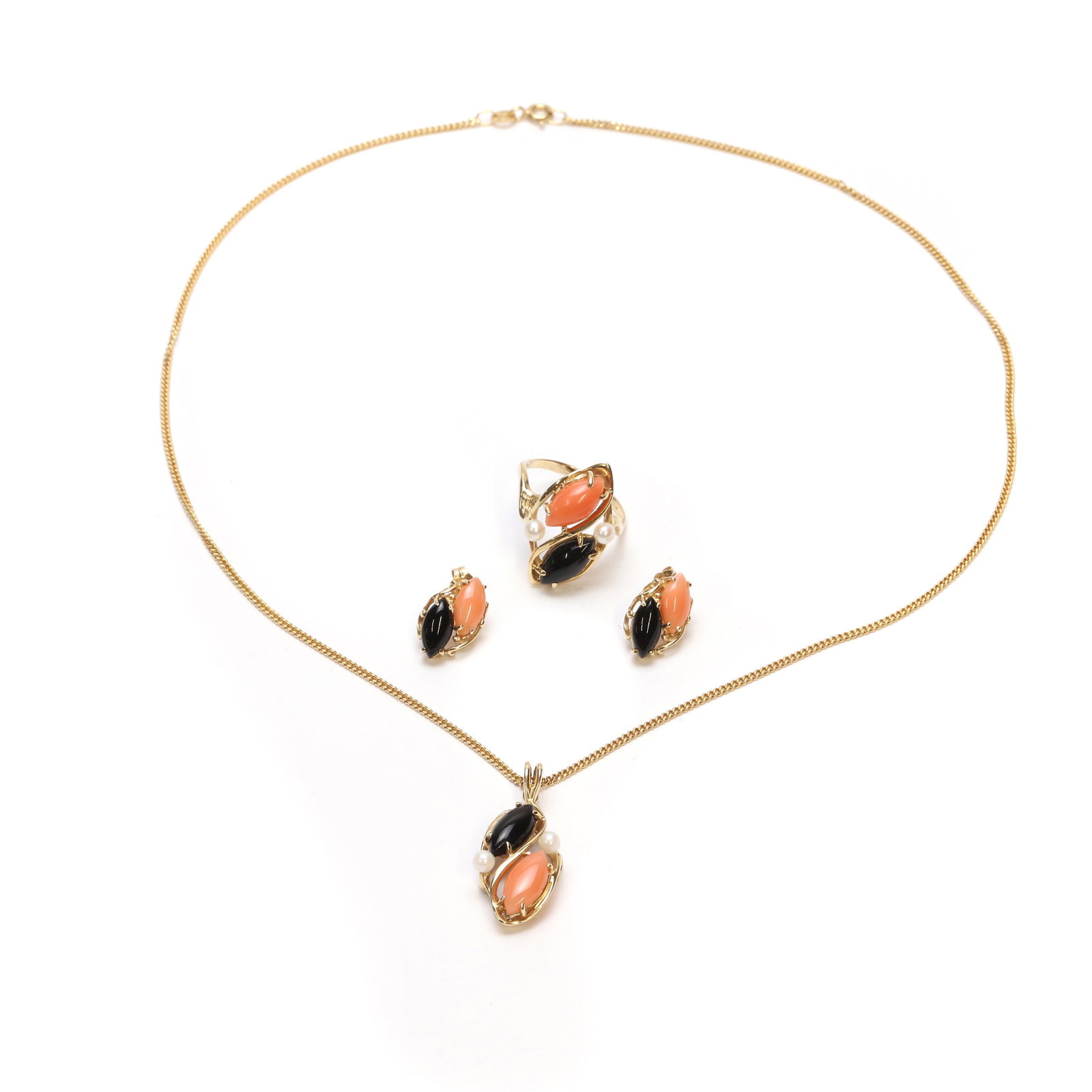 A coral and cultured pearl jewellery set, (1 of 2)
