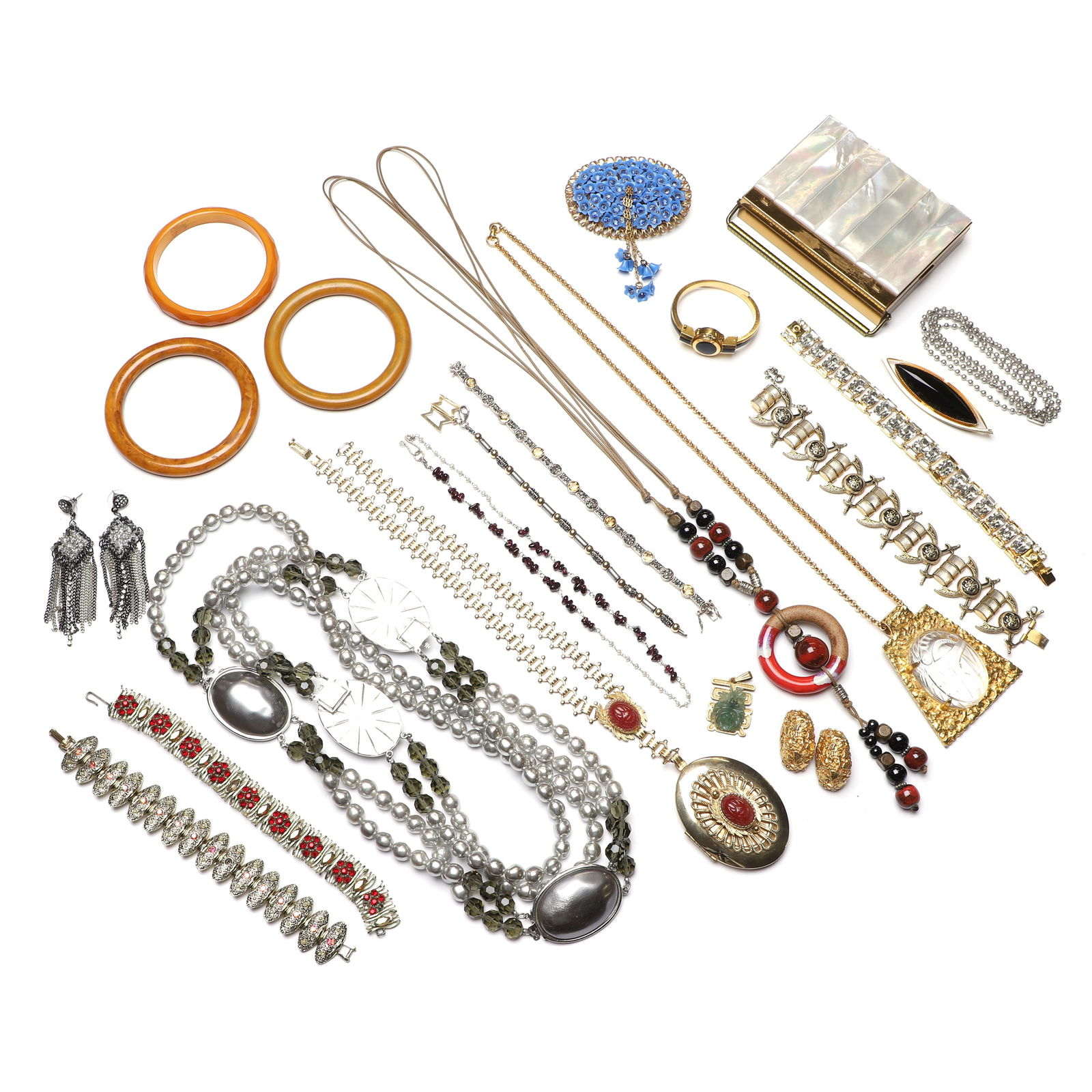 A collection of silver and costume jewellery,: A collection of silver and costume jewellery, to include a seed pearl and garnet bead necklace, a citrine and marcasite link bracelet, both tested as silver, a silver and silver gilt bead bracelet, wh