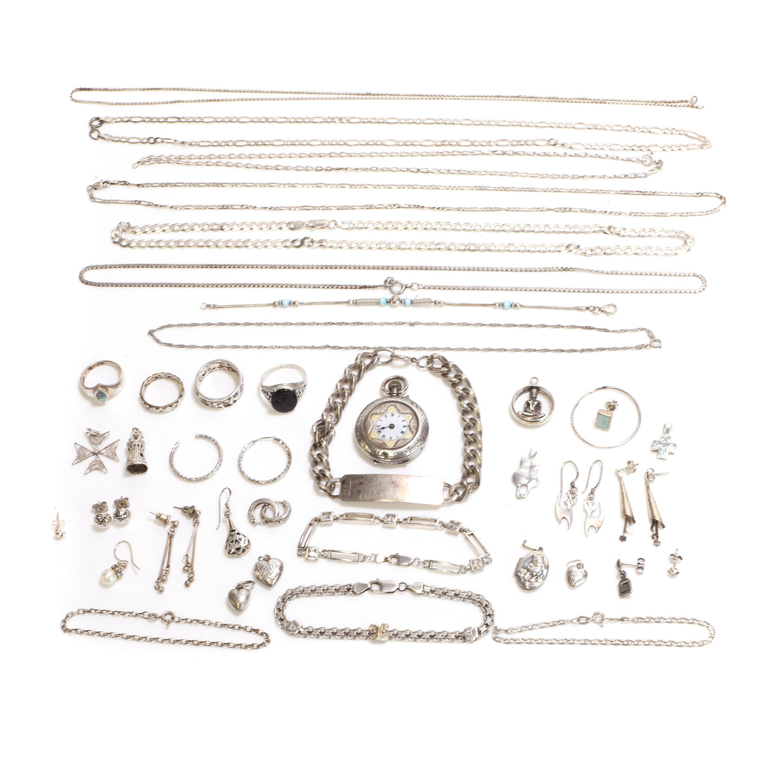 A collection of silver jewellery and a silver fob watch,: A collection of silver jewellery and a silver fob watch, comprising a synthetic spinel eternity ring, two gemstones deficient, stamped 9ct silver, tested as approximately 9ct gold and silver, a filigr