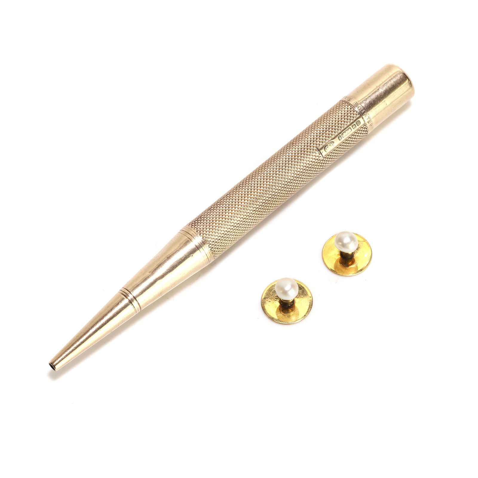 A 9ct gold pencil and a pair of cultured pearl set dress studs, (1 of 2)