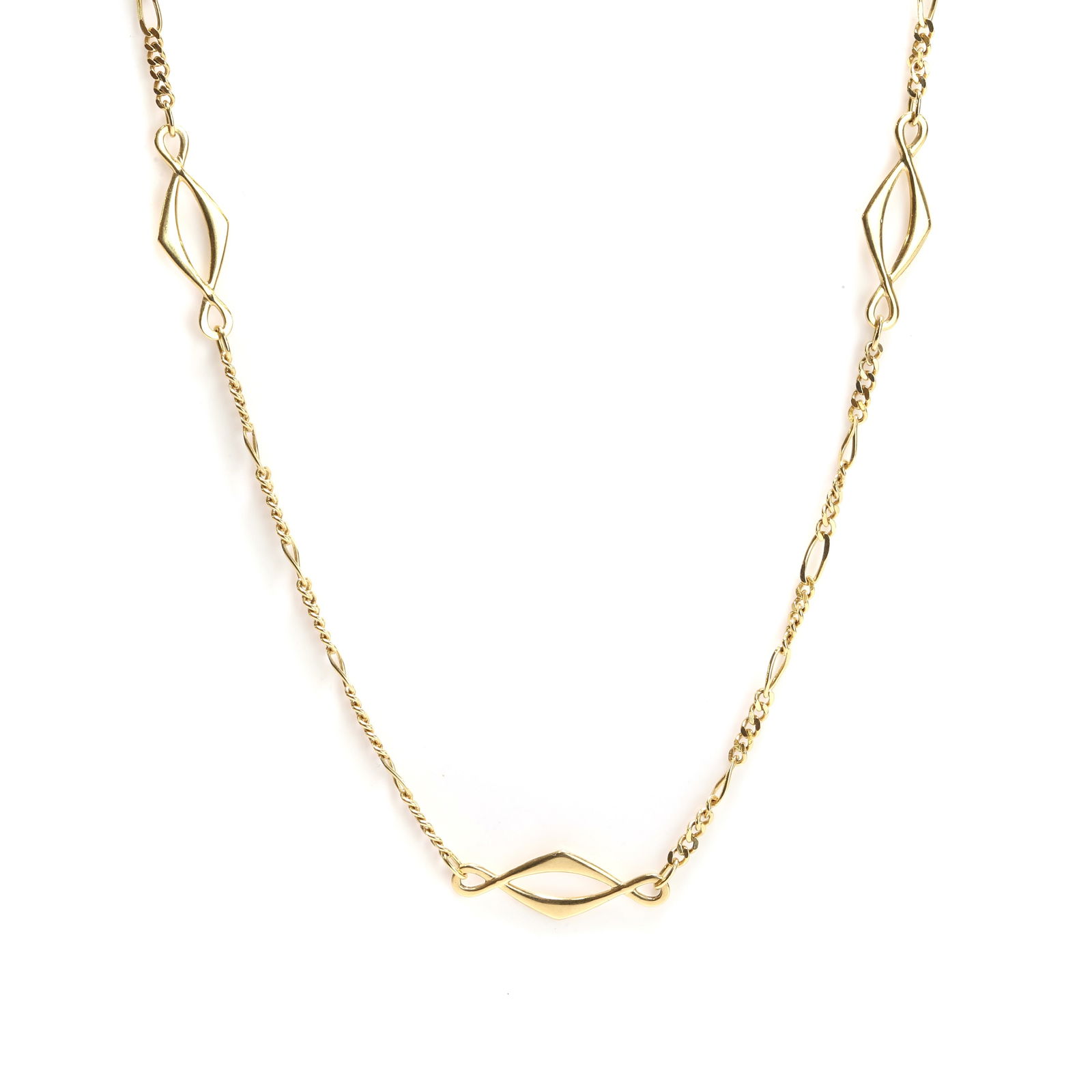 An Italian gold long necklace,: An Italian gold long necklace, the solid figaro link chain stationed with pierced looped links, to a bolt ring clasp, Italian official national marks for 18ct gold standard, 1968 to present, for Arezz