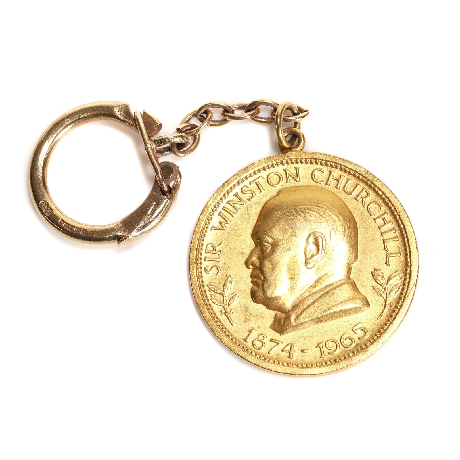 A 9ct gold commemorative Sir Winston Churchill medallion key ring, (1 of 2)