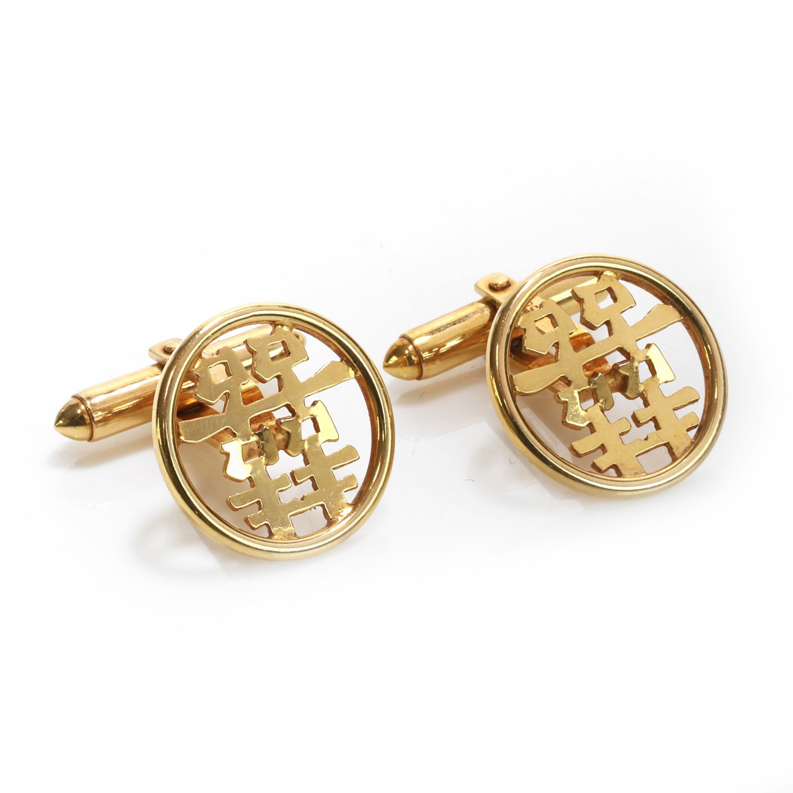 A pair of Chinese gold cufflinks,: A pair of Chinese gold cufflinks, each centrally featuring a Chinese double happiness Shuangxi motif within a circular open frame, leading to a swivel back, stamped 585 (Diameter 1.7cm; 7.9g) Conditio