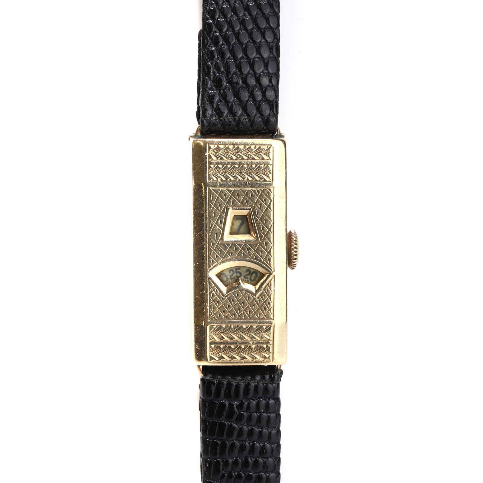 A 9ct gold Art Deco jump hour mechanical strap watch,: A 9ct gold Art Deco jump hour mechanical strap watch, the oblong engraved case, with apertures for hours and minutes, numbered 499791 2031, enclosing a Swiss-made 16 jewel manual winding movement, uns